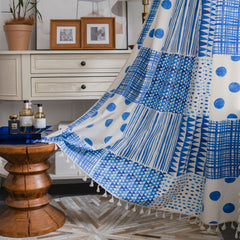 Sonia Vintage Blue Geometric Boho Light Filtering Custom Curtain Sonia Vintage Blue Geometric Boho Light Filtering Custom Curtain