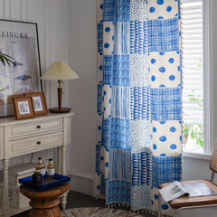 Sonia Vintage Blue Geometric Boho Light Filtering Custom Curtain Sonia Vintage Blue Geometric Boho Light Filtering Custom Curtain