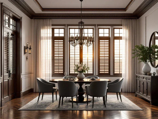 dining-room-dark-shutters-sheer-white-curtains-luxury