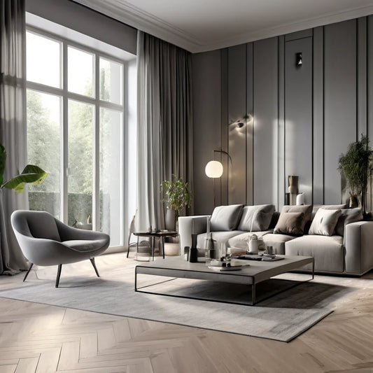 floor-to-ceiling monochromatic gray curtains