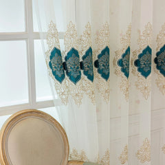Bethany Teal Medallion Embroidered Custom Sheer Curtain