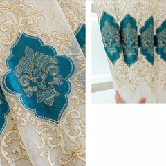 Bethany Teal Medallion Embroidered Custom Sheer Curtain