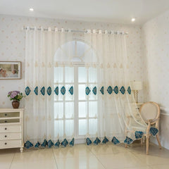 Bethany Teal Medallion Embroidered Custom Sheer Curtain