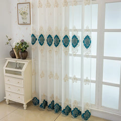 Bethany Teal Medallion Embroidered Custom Sheer Curtain