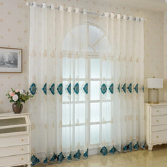 Bethany Teal Medallion Embroidered Custom Sheer Curtain