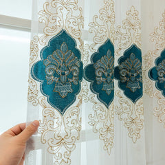 Bethany Teal Medallion Embroidered Custom Sheer Curtain