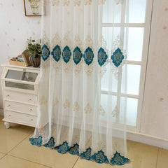 Bethany Teal Medallion Embroidered Custom Sheer Curtain