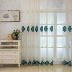 Bethany Teal Medallion Embroidered Custom Sheer Curtain