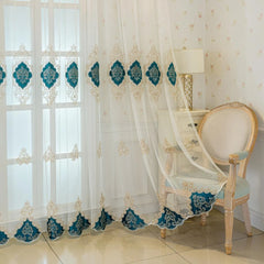 Bethany Teal Medallion Embroidered Custom Sheer Curtain