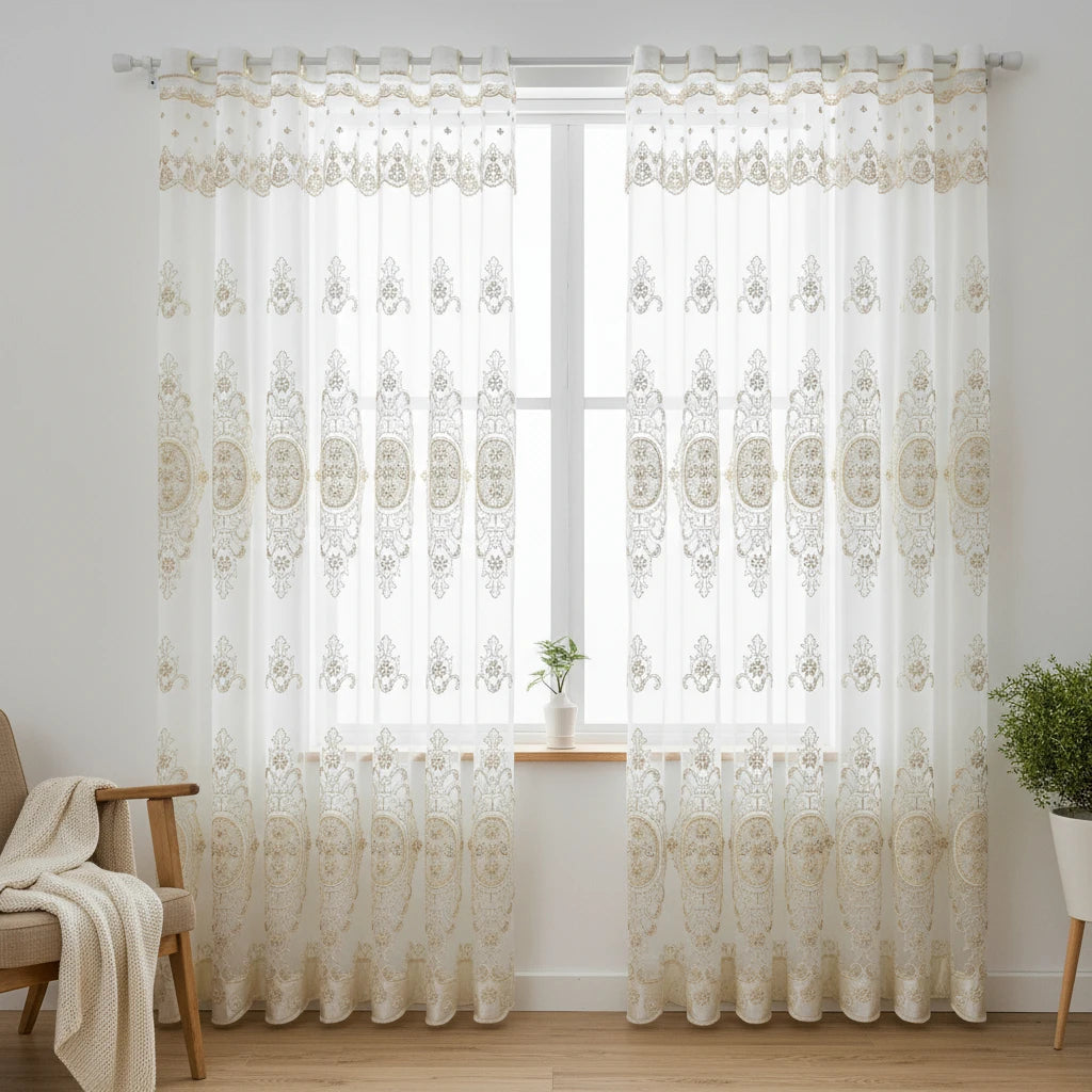 Pearl Embroidered Floral Custom Sheer Curtain