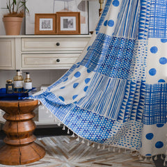 Sonia Vintage Blauer geometrischer Boho-Lichtfilter-Vorhang nach Maß