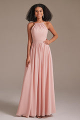 A-line Halter Neck Floor-Length Chiffon Bridesmaid Dress - Dolcewe