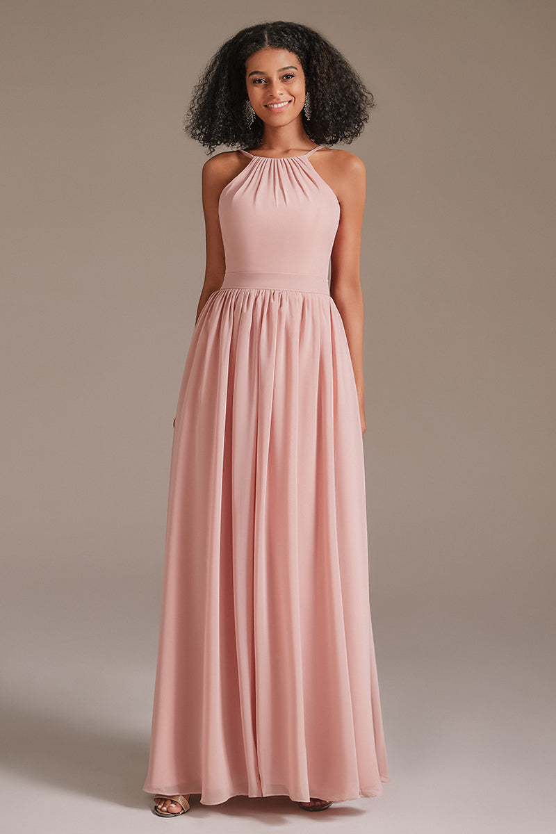 A-line Halter Neck Floor-Length Chiffon Bridesmaid Dress - Dolcewe