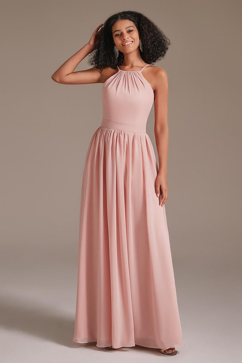 A-line Halter Neck Floor-Length Chiffon Bridesmaid Dress - Dolcewe