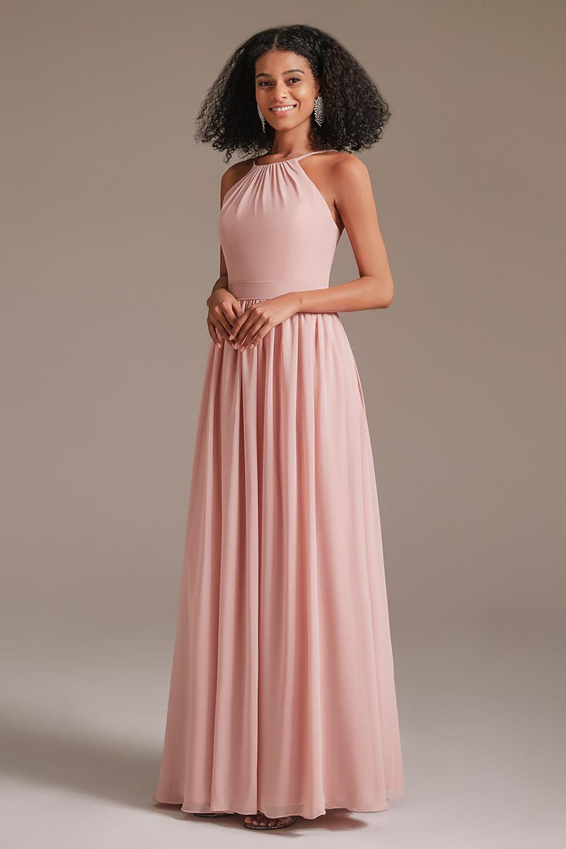 A-line Halter Neck Floor-Length Chiffon Bridesmaid Dress - Dolcewe