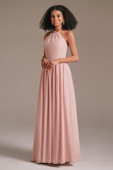 A-line Halter Neck Floor-Length Chiffon Bridesmaid Dress - Dolcewe