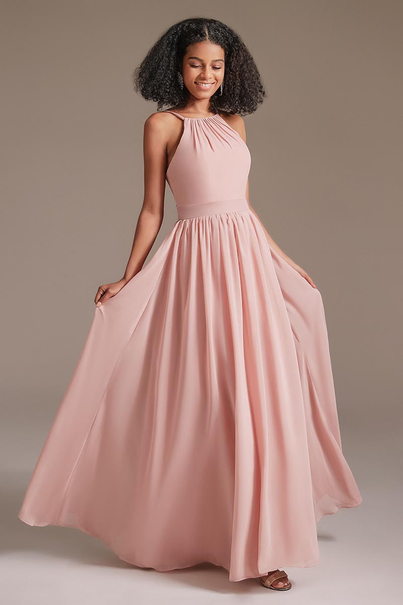 A-line Halter Neck Floor-Length Chiffon Bridesmaid Dress - Dolcewe