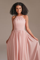 A-line Halter Neck Floor-Length Chiffon Bridesmaid Dress - Dolcewe