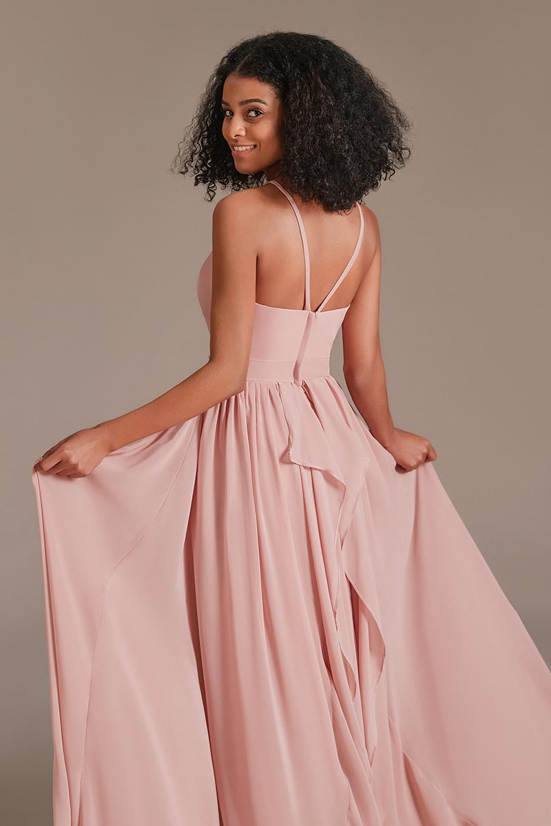 A-line Halter Neck Floor-Length Chiffon Bridesmaid Dress - Dolcewe